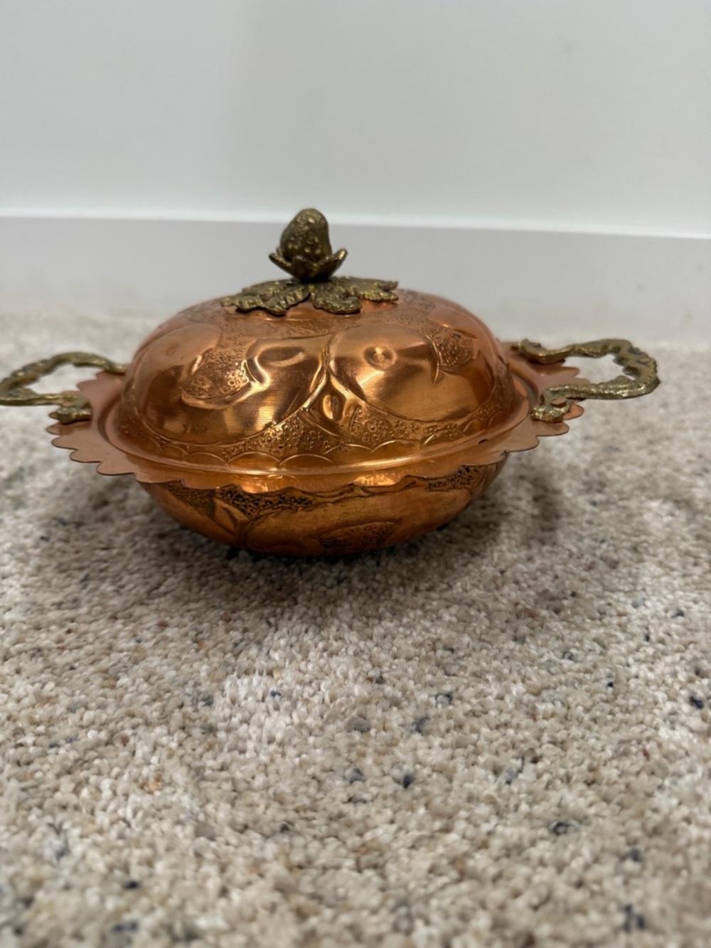 Vintage Hammered Copper Bowl with Lid Brass Handles Acorn Finial Footed Dish